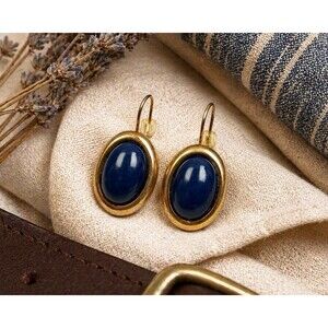 Vintage  Gold Tone Navy Blue Cabochon Drop Earrings Oval Dangle Classic 1980